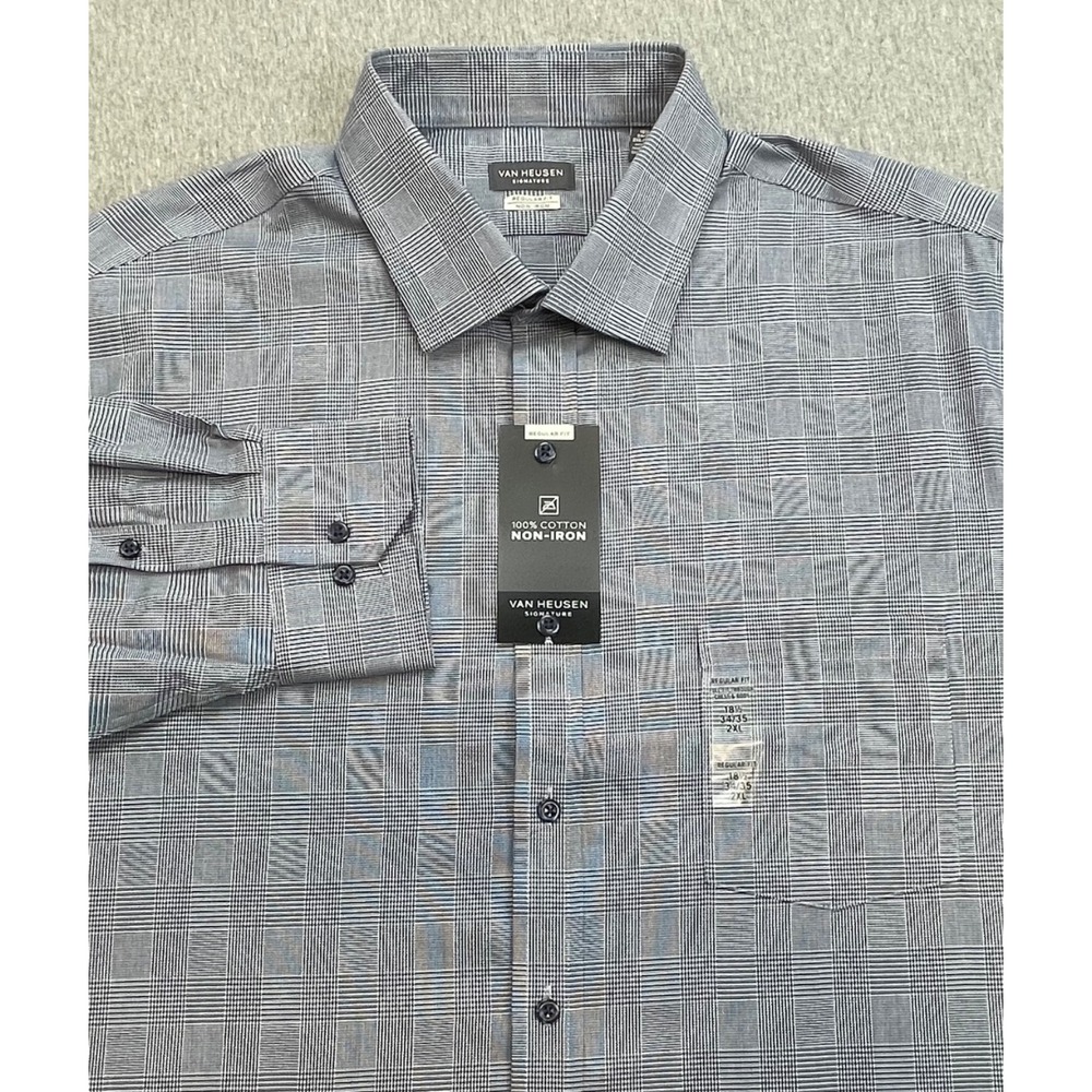 Van Heusen Shirt Mens 18.5 - 34/35 Gray Plaid 100% Cotton Button Up NWT